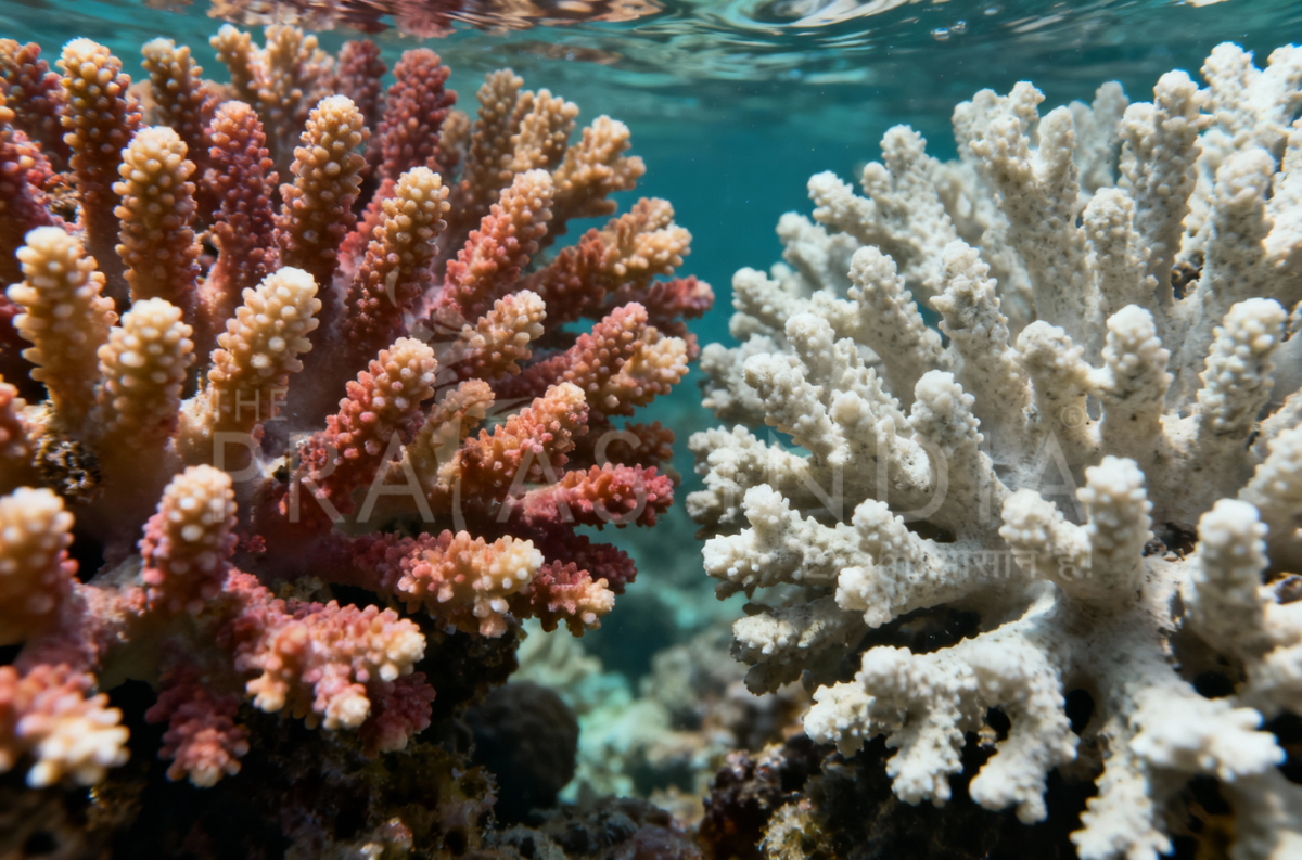 A close up underwater photo of healthy and bleached corals side by side to depict coral bleaching contrast. High clarity natural colors realistic marine environment