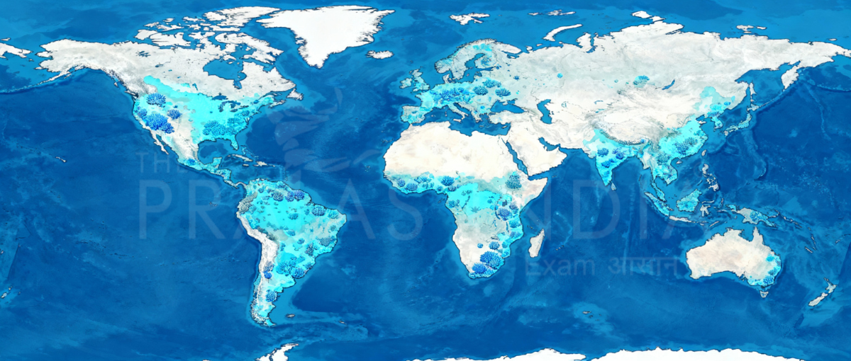 A world map highlighting major coral reef regions—Great Barrier Reef Coral Triangle Caribbean Red Sea Indian Ocean