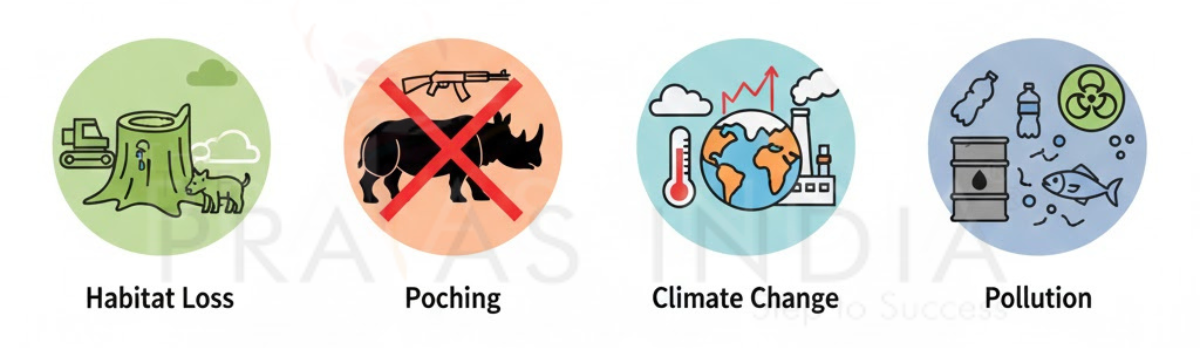 Habitat loss, Poaching, Climate Change, Pollution