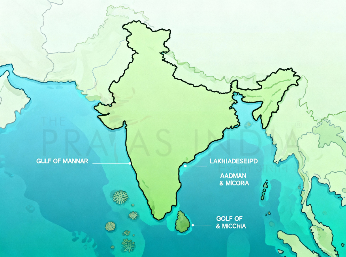 India map showing major coral reef locations Gulf of Mannar Lakshadweep Andaman Nicobar Gulf of Kachchh