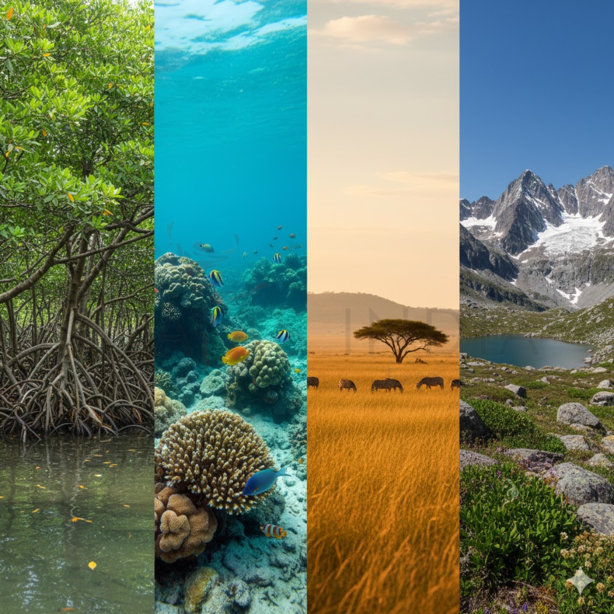Mangroves, Grasslands, Coral reefs, Alpine ecosystems