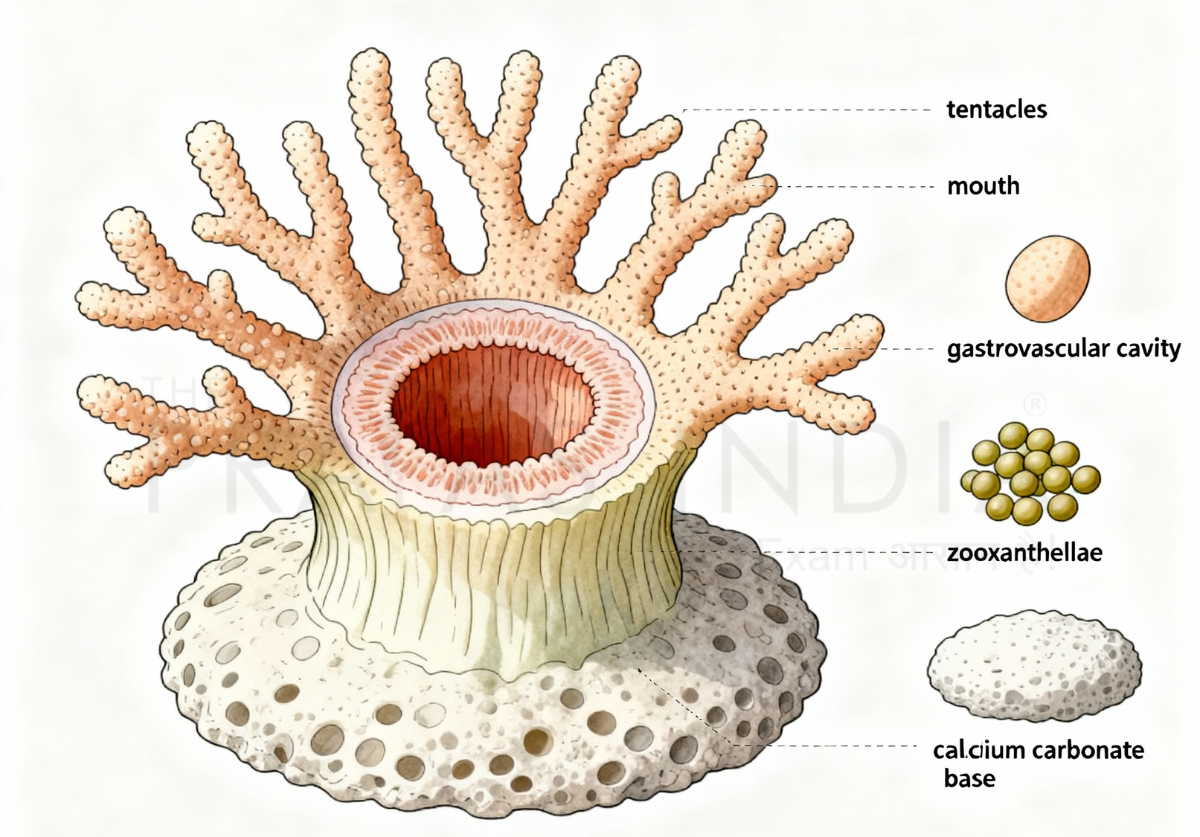 a coral polyp showing tentacles mouth gastrovascular cavity zooxanthellae and calcium carbonate base