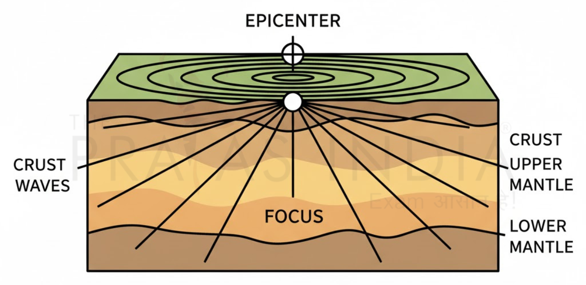 epicenter on surface with concentric seismic wave rings