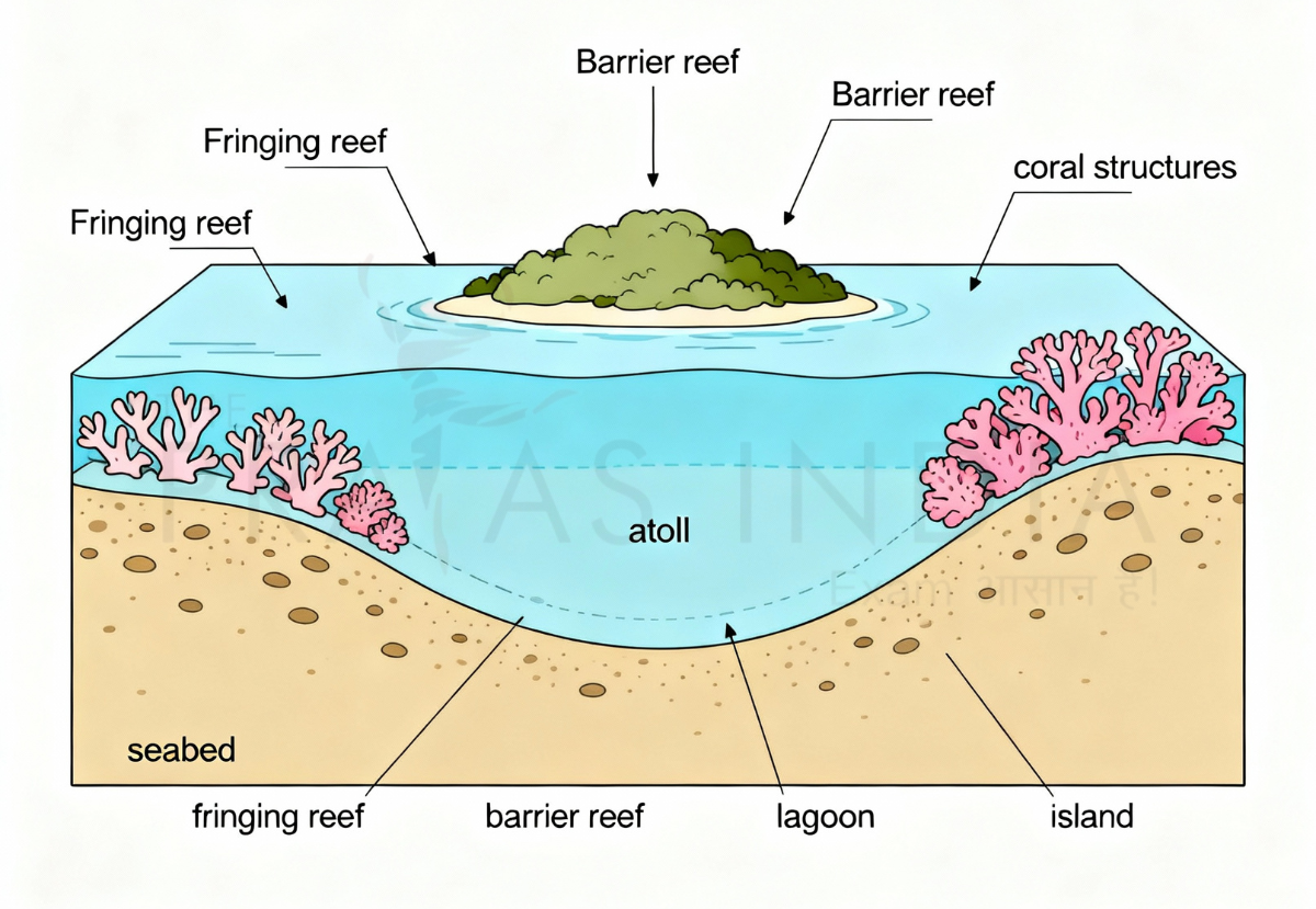 fringing reef barrier reef and atoll formation with seabed lagoon island and coral structures