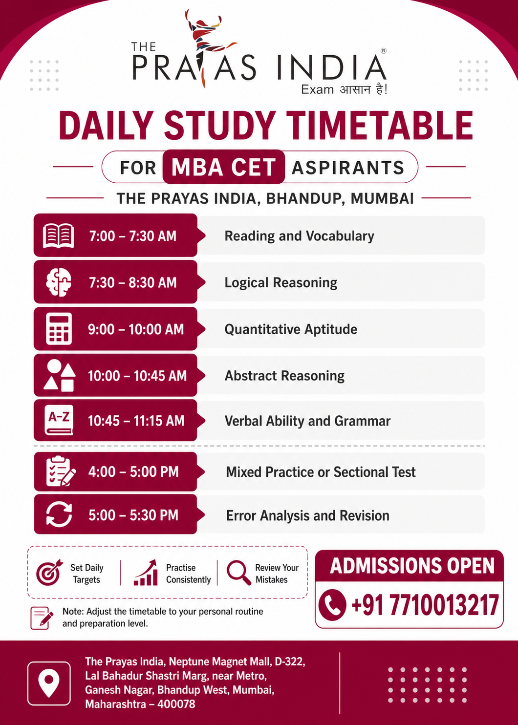 Daily Study Timetable for MBA CET Aspirants 1 Daily Study Timetable for MBA CET Aspirants