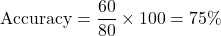 \[ \text{Accuracy}=\frac{60}{80}\times100=75\% \]